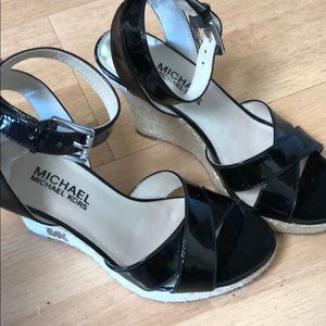 Black patent leather wedges